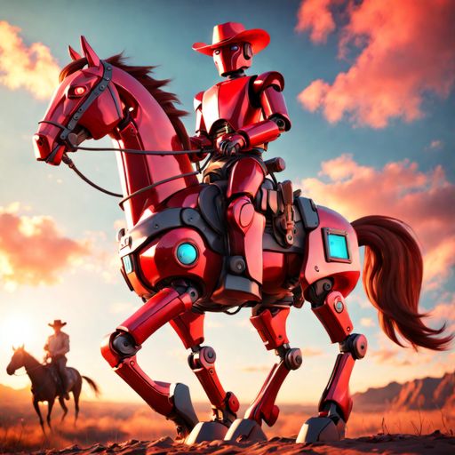 Ein Roboter-Cowboy reitet auf einem Cyborg-Pferd. KI im Manierismus Stil.