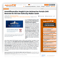 Grafik: Webscreen OPENPR - Pressemitteilung "Immobilienmakler-Vergleich des Verbraucher-Portals CHIP: Bestnote für HCH Der HafenCity-Makler GmbH "