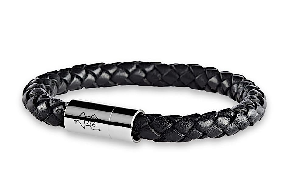 Schwarzes geflochtenes Lederarmband 8 mm Durchmesser für Herren mit glänzenden Magnetverschluss aus Edelstahl und Crazy Frog Logo auf dem Verschluss