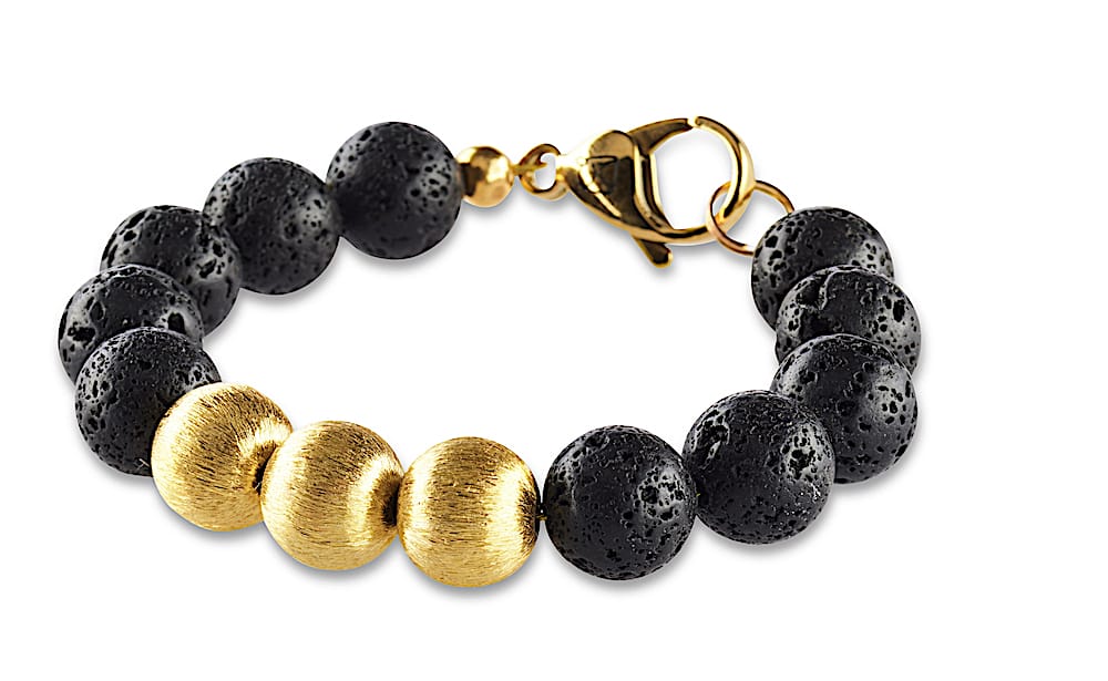 10 mm Damen Armband aus schwarzen Lavaperlen mit drei Perlen aus geschliffenen Gold. Mit einem vergoldeten Karabiner als Verschluss mit Crazy Frog Logo.