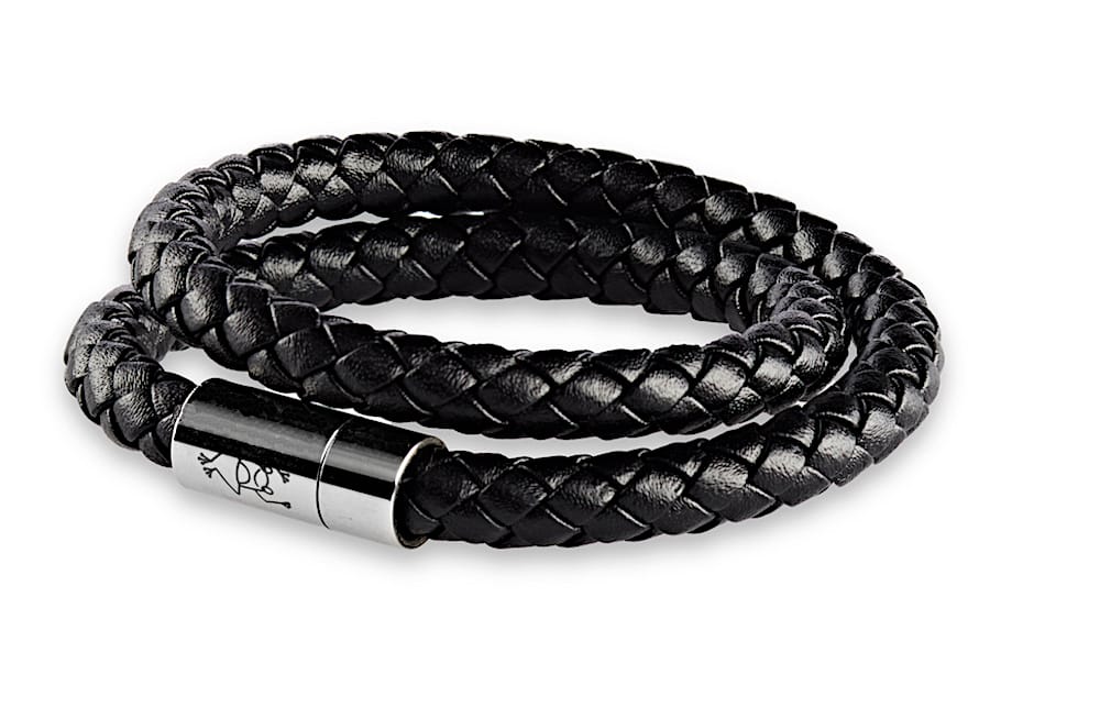Doppeltes geflochtenes Lederarmband 8 mm Durchmesser für Herren in der Farbe Schwarz mit glänzenden Magnetverschluss aus Edelstahl und Crazy Frog Logo auf dem Verschluss