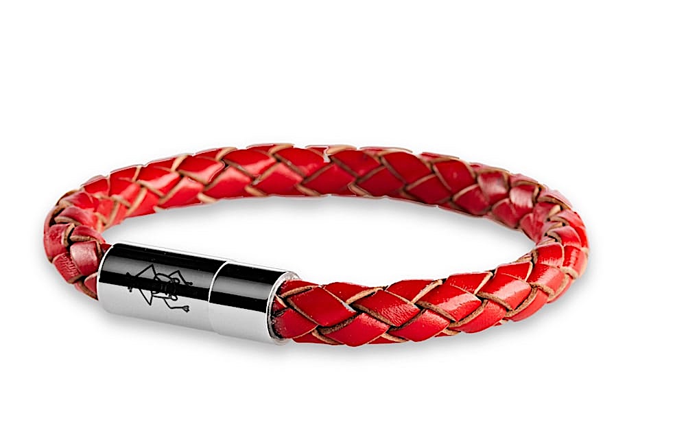 Rotes geflochtenes Lederarmband 6 mm Durchmesser für Damen mit glänzenden Magnetverschluss aus Edelstahl und Crazy Frog Logo auf dem Verschluss