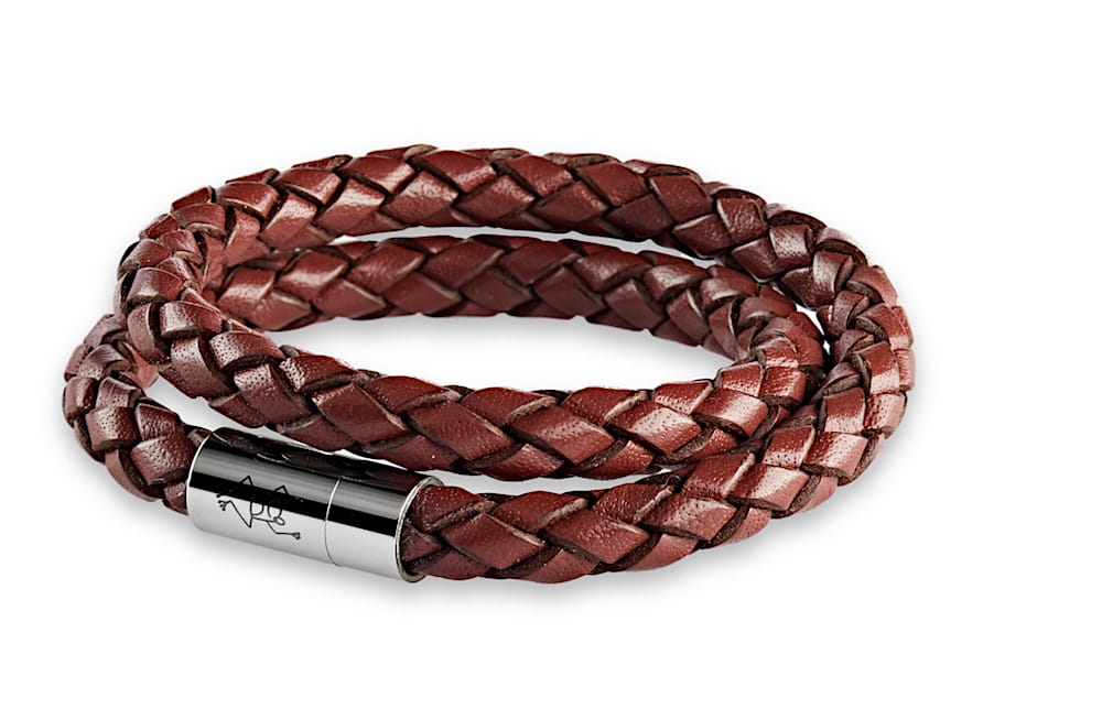 Doppeltes geflochtenes Lederarmband 6 mm Durchmesser für Damen in der Farbe Dunkelbraun mit glänzenden Magnetverschluss aus Edelstahl und Crazy Frog Logo auf dem Verschluss