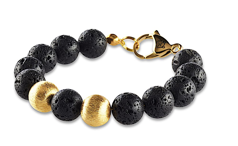 10 mm Damen Armband aus schwarzen Lavaperlen mit zwei Perlen aus geschliffenen Gold. Mit einem vergoldeten Karabiner als Verschluss mit Crazy Frog Logo.