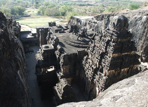 Kailasha Temple : Cave 16 - rear view from top of cliff