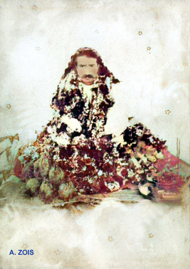 1922 : Meher Baba garlanded and fruit offerings. Image rendition by Anthony Zois.