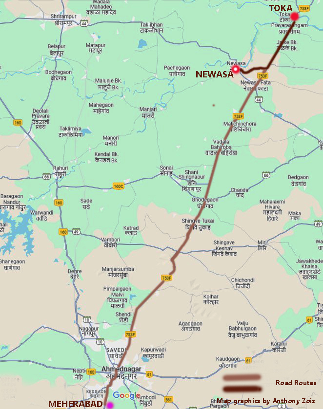 Map shows the road from Toka to Newasa & to Meherabad. Map graphics by Anthony Zois.