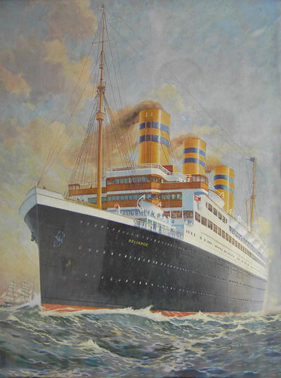 Description: This is a framed print of the SS Reliance. Plate on bottom of frame reads "United American Lines Joint Service with Hamburg American Line". Artist Fred J. Hoertz (?)