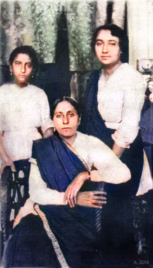  Mid-1923 _ Quetta ( then British West India ) : Standing ( L-R ) Khorshed K. Irani, Khorshed R.Irani [ Dr.Goher's mother ] & seated Gilmai K. Irani. Courtesy of Glow Int.magazine Fall 2018.  Image colourized by Anthony Zois