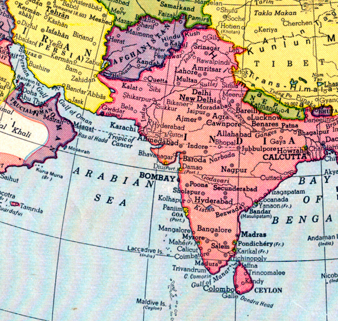 Map : Indian sub-continent. Meher Baba travelled within this area during 1924-5, by various modes.