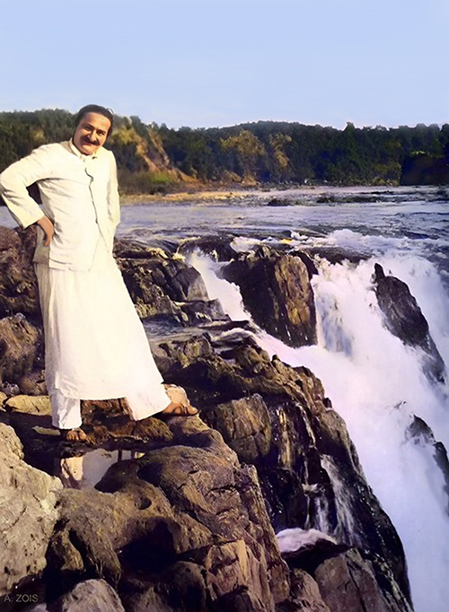 Meher Baba at the Dhuandhar Falls or the Smoke Cascade at Marble Rocks, near Jabalpur, India - 24th Dec. 1938. Image rendition by Anthony Zois.