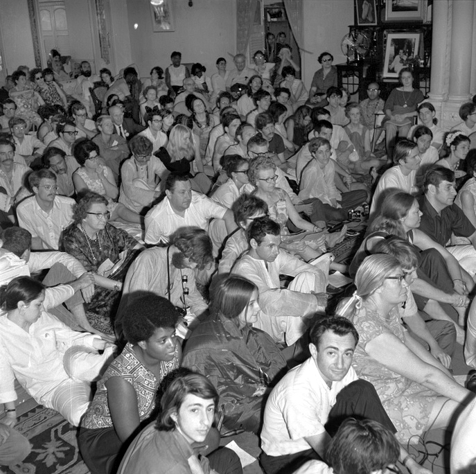 June 1969 Darshan at Guruprasad. Ena is seated centre-left. Irwin ( white shirt ) & Eddie Luck seated front-right, next to Filis Fredericks.