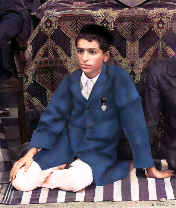 Late 1910 : Merwan Irani seated with the St.Vincent's Cricket Team with the winner's trophy ( enlarged ). Image colourization by Anthony Zois.