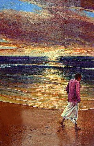 Painting ; this was used as a book cover for" Footprints in the Sand ", by the same artist.