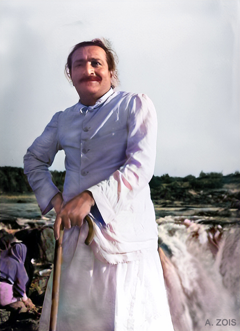 61. 1939. Baba at Dhuandhar Falls or the Smoke Cascade at Marble Rocks, near Jabalpur, India.