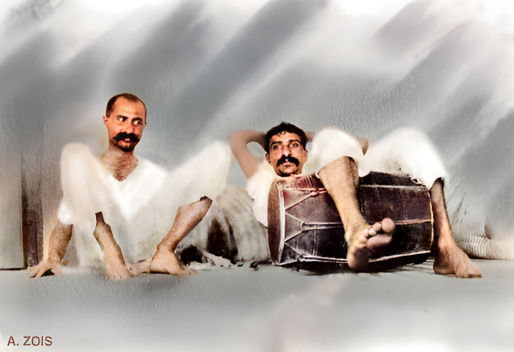 1922 - Bombay : Meher Baba and a dholak drum relaxing with Gustadji. Image rendered by Anthony Zois.