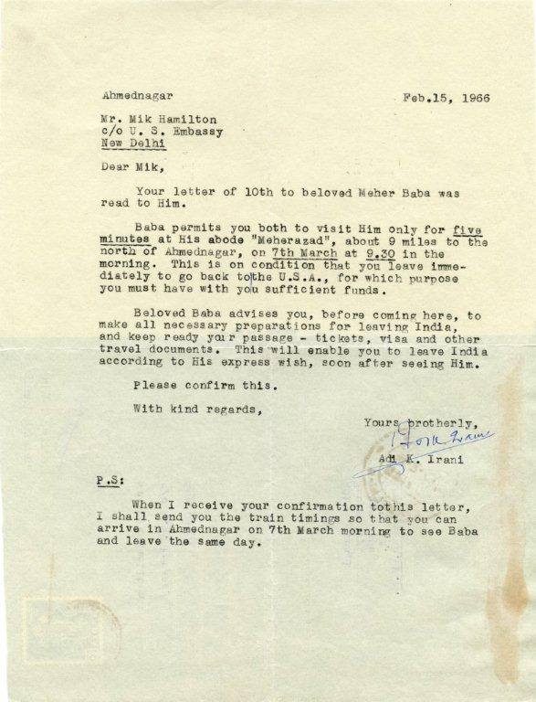 Letter sent to Ursula's husband at the time about their future travel arrangements to India in 1966. Courtesy of Ursula Reinhart.