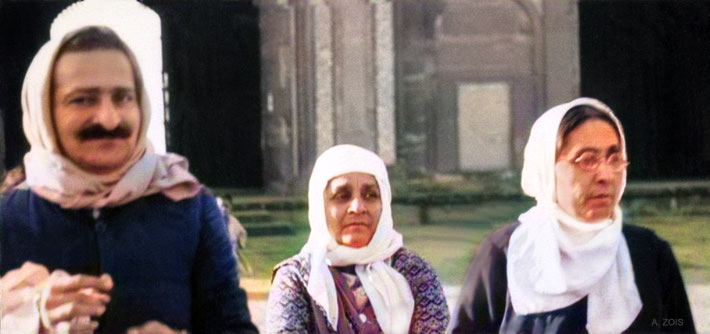 Meher Baba with Soonamai & her sister Gulmai Irani on tour in India. Image colourized by Anthony Zois.