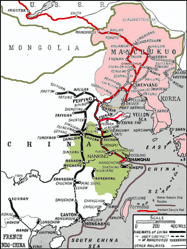 1935 : The map shows the various ship & train routes that were taken by Meher Baba & his men and also by Herbert Davy. Map details by Anthony Zois.