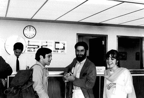 Robert Dreyfuss and Ursula Reinhart with Ed van Buskirk at San Francisco Airport April 1969. They were all flying to NY then onto India for the Darshan. ; Photo taken by Mik Hamilton