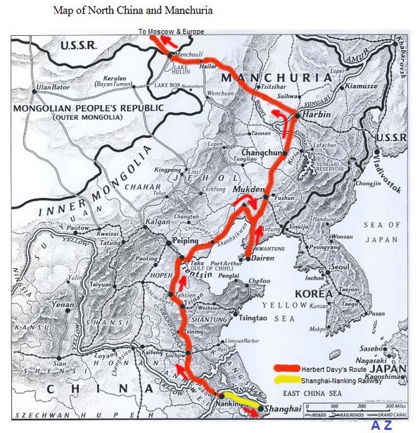 1932 : Train route taken by Herbert Davy through China. Map graphics by A. Zois.