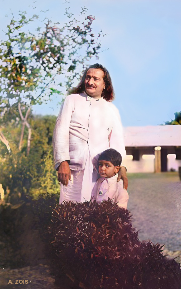 April 1941. Meher Baba with Rustom's son Jangoo in Dehra Dun. Image rendition by Anthony Zois.