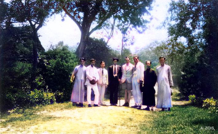 L - R : ?, Jal Irani ( Baba's brother ), ?, ?, Herbert Davy, Rustom K. Irani, ?, ? somewhere in China in 1932 prior to Meher Baba's visit to China. Image colourized by Anthony Zois.