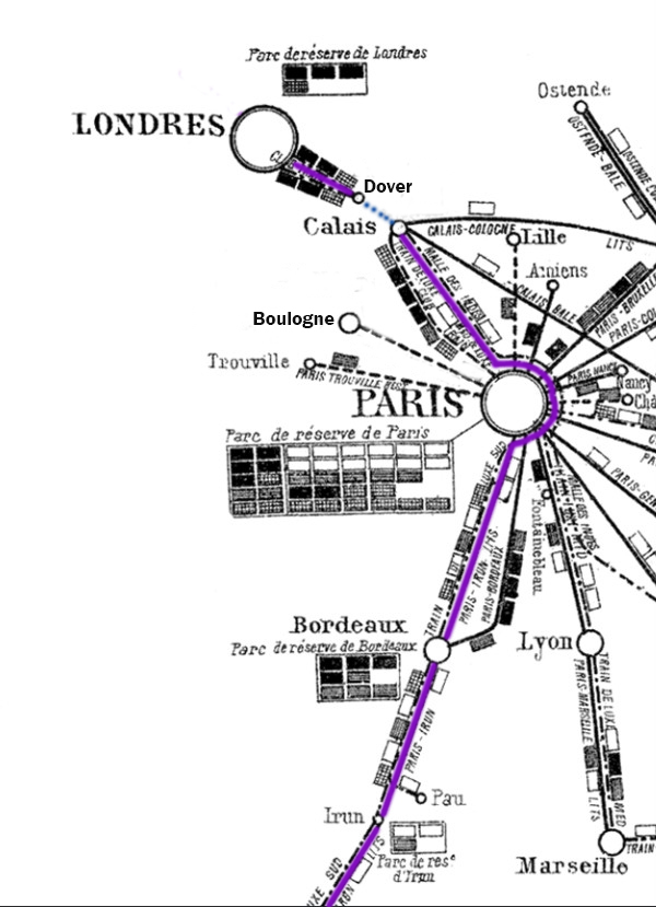 Map shows the train route from London to Paris, then to Irun, Spain.