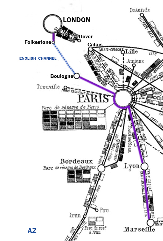 Map shows the route taken from Marseilles to Paris then to London via Boulogne & ferry. Map graphics by A. Zois.