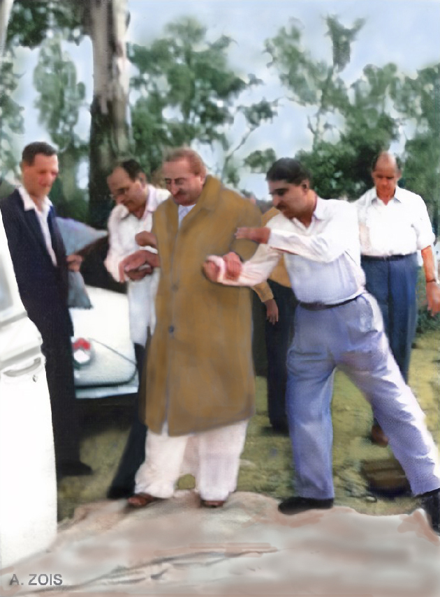 June 1958 : Meher Baba being helped to the motor vehicle at Avatar's Abode, Queensland, Australia. ( L-R ) Stan, Nariman Dadachnchi, Meher Baba, Eruch Jessawala & Dr.Denis O'Brien. Image rendered by Anthony Zois.
