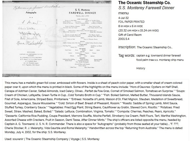 Menu Melbourne to Los Angeles return 4th July 1932