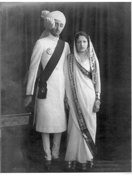 H.H. Maharajadhiraj Raj Rajeshwar Sawai Shri Yeshwantrao II Holkar XIV Bahadur, Maharaja of Indore, GCIE with H.H. Maharani Shrimant Akhand Soubhagyavati Sanyogita Bai Sahiba Holkar