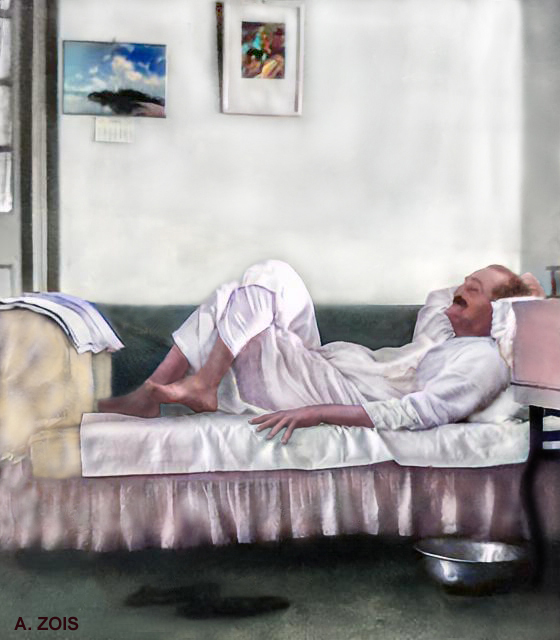 1955 : Meher Baba resting at Grafton Lodge, Satara, India. Image rendition by Anthony Zois.