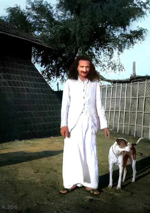  12.  Meher Baba at Upper Meherabad, India with his dog Chum in 1935.