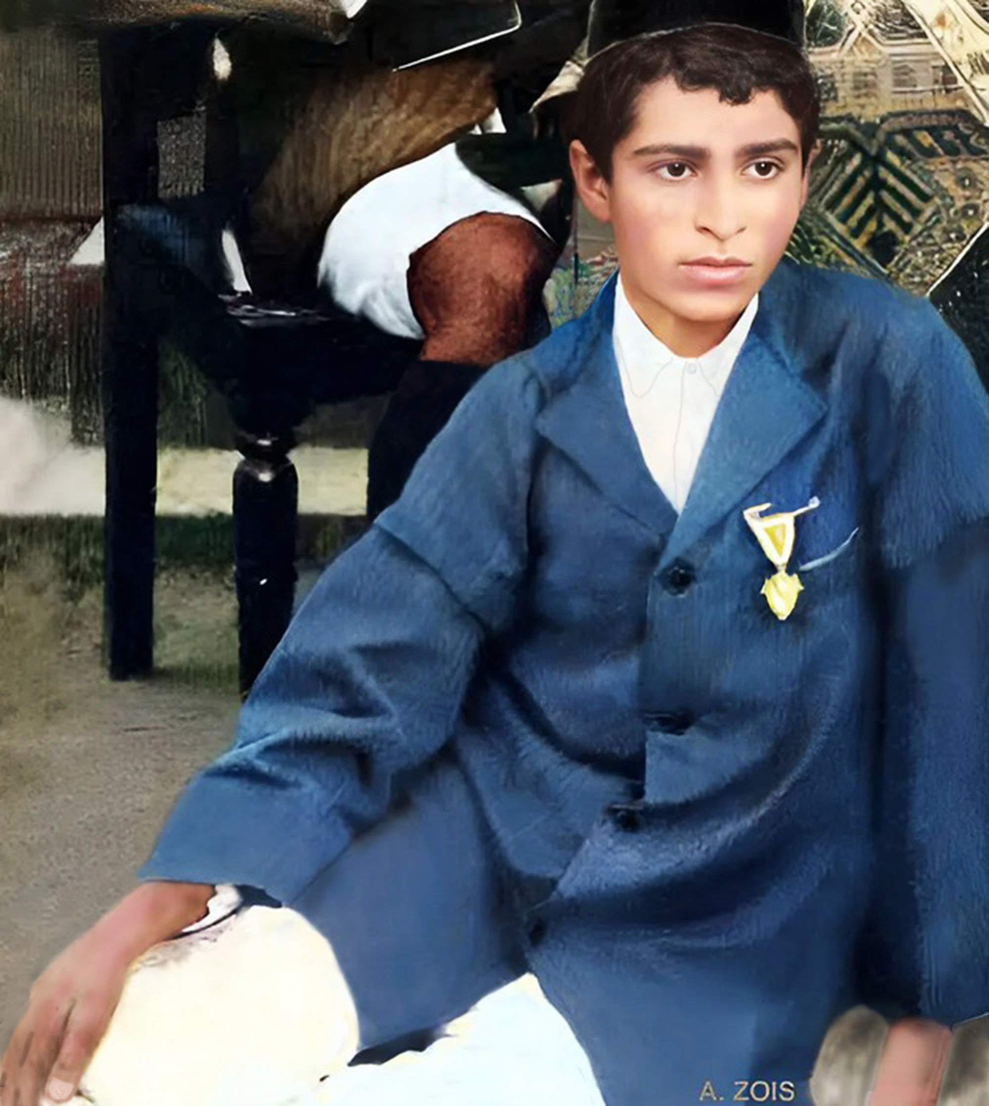 Late 1911 : Merwan Irani seated with the St.Vincent's Cricket Team with the winner's trophy ( enlarged ). Image rendered by Anthony Zois.