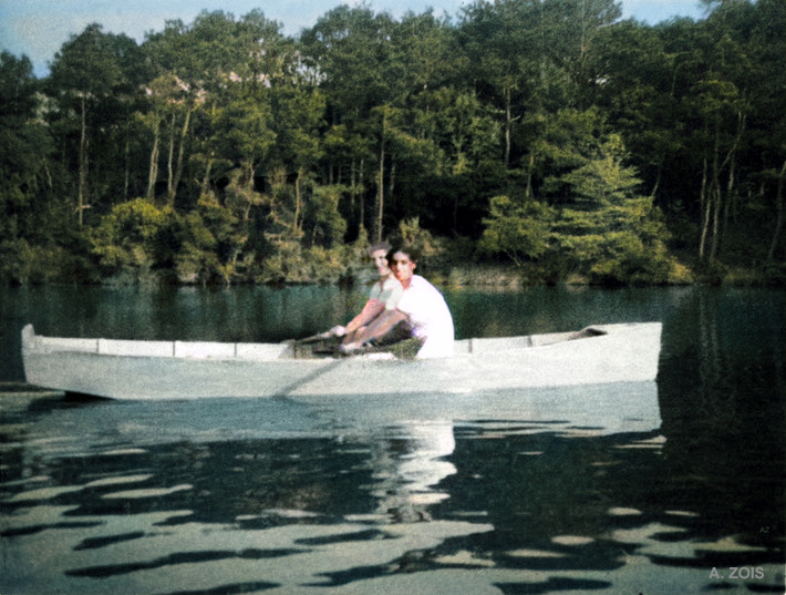 1952 : Kitty with Dr.Goher Irani boating at the Meher Center lake, Myrtle Beach, SC. Image colourized by Anthony Zois.