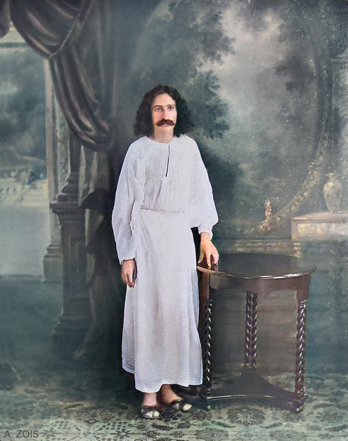 Meher Baba in a studio in India around the same time he was writing his un-published book. Image colourized by Anthony Zois.