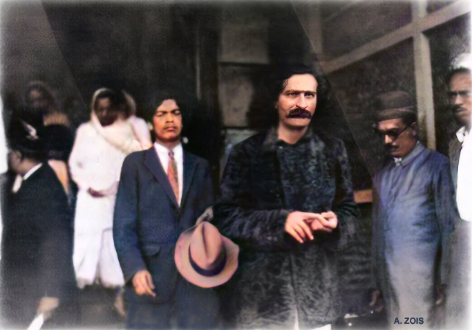  1931 : Meher Baba & assistant Agha Ali seen arriving at Ballard Pier, Bombay. Image colourized by Anthony Zois.