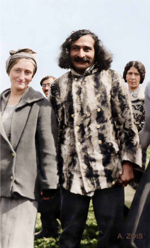 April 1932. Meher Baba with Margaret Cranske and Kim Tolhurst at East Chalacombe, England. Image rendition by Anthony Zois.