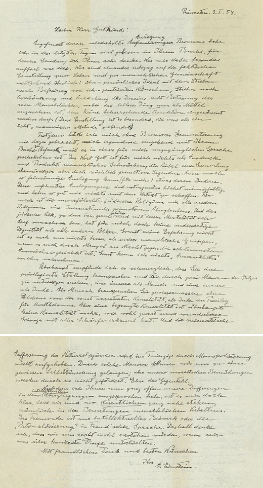 1954 ; Einstein's handwritten 2 page letter to Mr. Eric Gutkind in German.