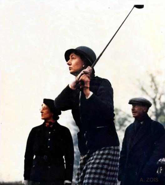 1936 : Ladies Parliamentary Golf at Ranelagh , south west London Lady Rosamund Gibbs ( with club ) , Miss Dulcie Sassoon and caddy. Image rendition by Anthony Zois.