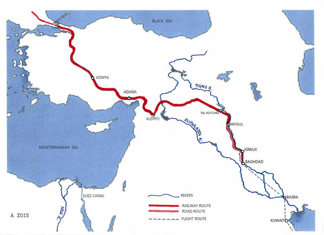 MAP 5 : Map show part of the flight path to Baghdad, then rail & road to Tel Kotchek, than rail to Aleppo, & onto to Istanbul. Map graphics by Anthony Zois.