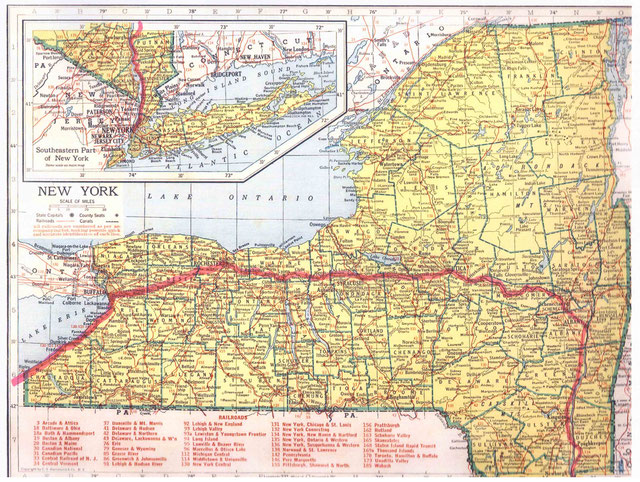 1932 : New York to Erie, PA. New York State rail routes.