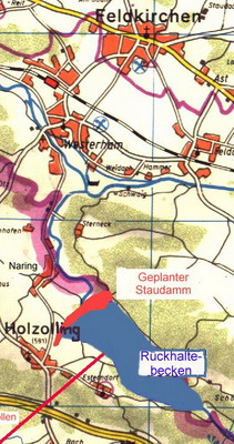 Grafik des geplanten Staudamms mit Rückhaltebecken im Goldenen Tal