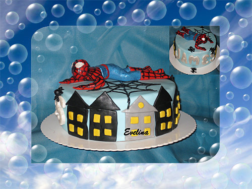 305.Torte "Spiderman" - Gewicht: 2,2 kg; Inhalt: Schoko Samt (Velvet) Biscuit mit Erdbeeren Sirup; Füllung: Swiss Merengue Buttercreme; Dekoration: Zucker Pasta; Große: d= 20 sm