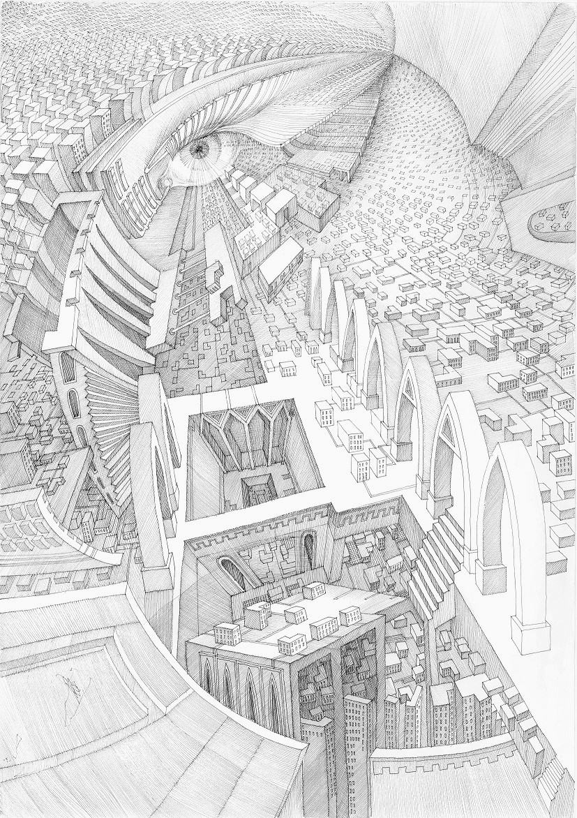 Stadtutopien 3, Fineliner und Bleistift & Papier, 50x70 cm