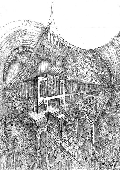 Stadtutopien 6, Fineliner und Bleistift auf Papier, 50x70 cm