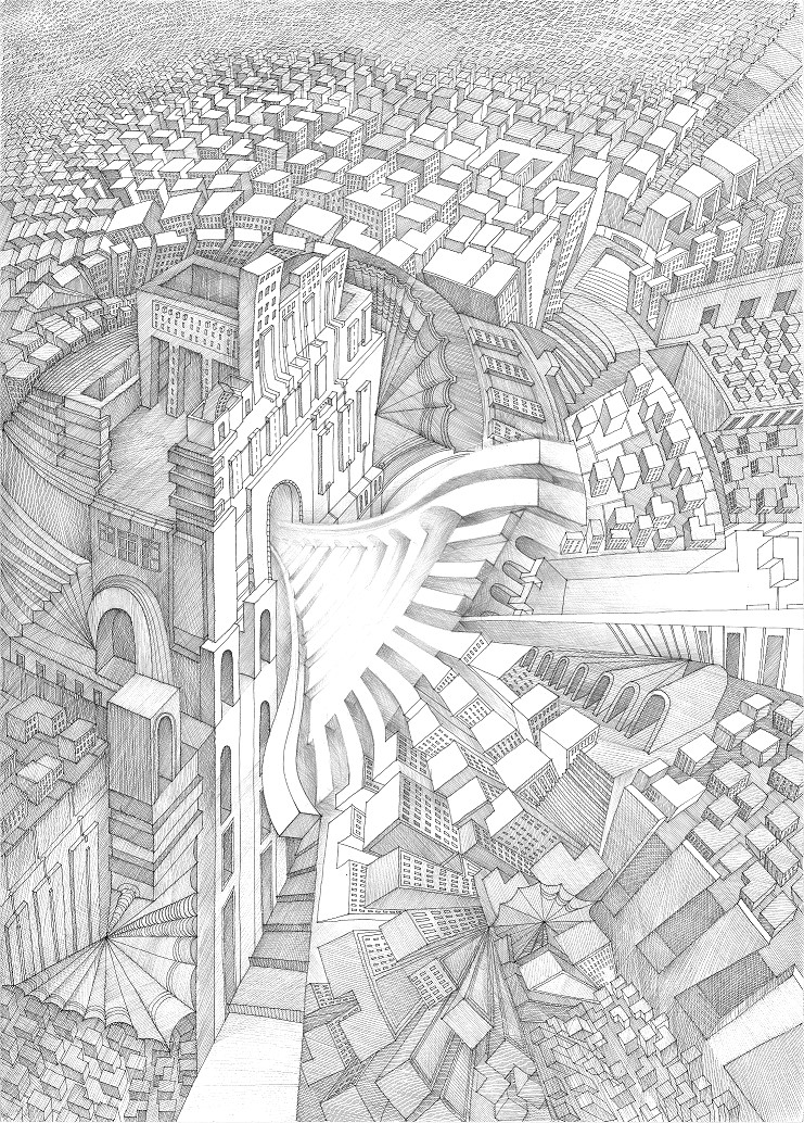 Stadtutopien 5, Fineliner & Bleistift auf Papier, 50x70 cm