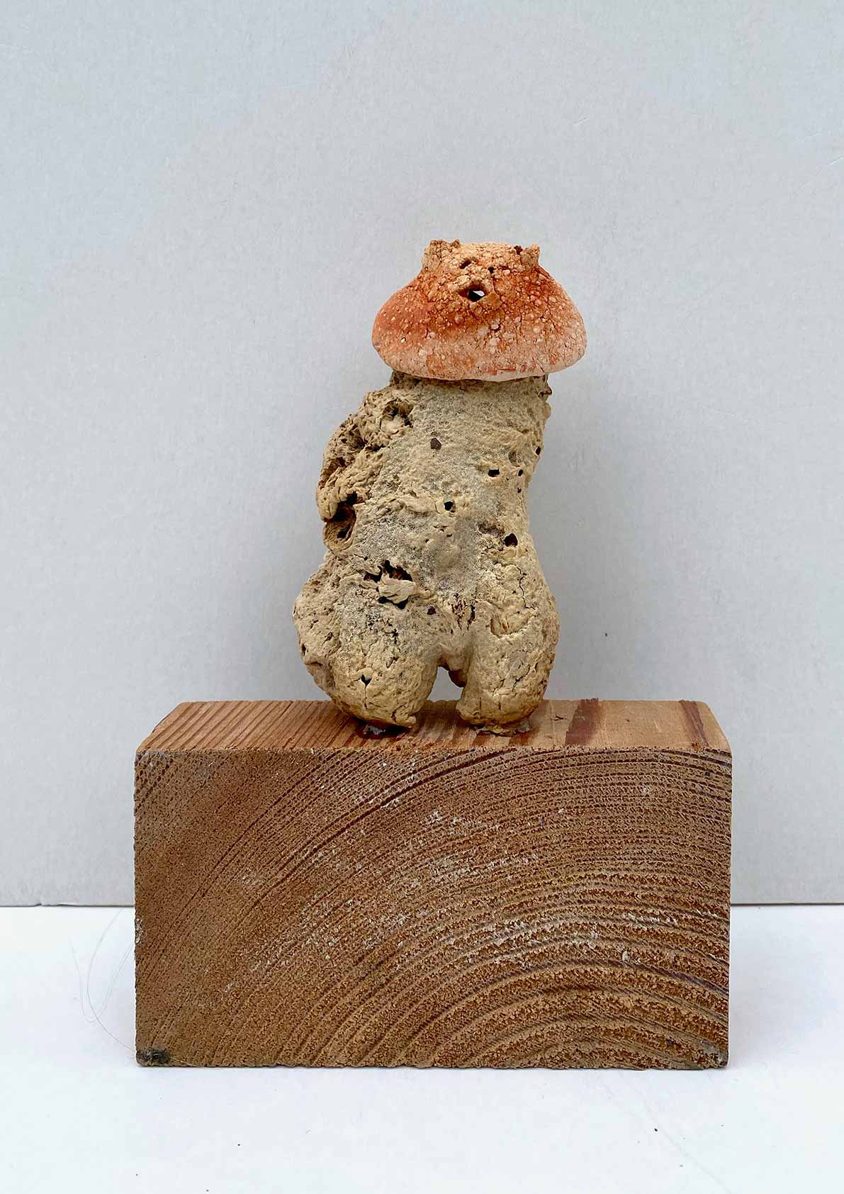 Träumend (5), 2025, Holz, Schwamm, Ton, 16 x 6,5 x 12 cm