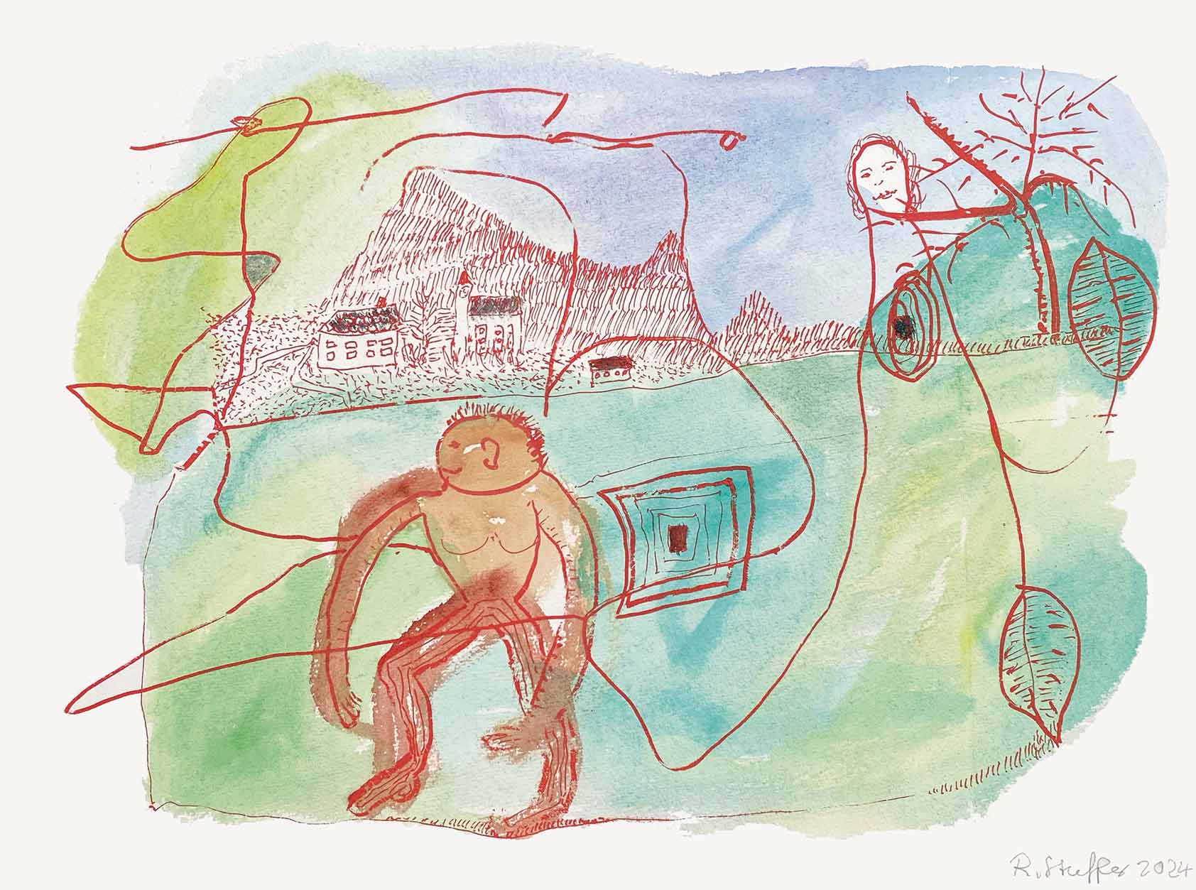 Beherrscherin der Landschaft, 2024, Siebdruck und Aquarell auf Papier, Unikat, 32 x 43 cm